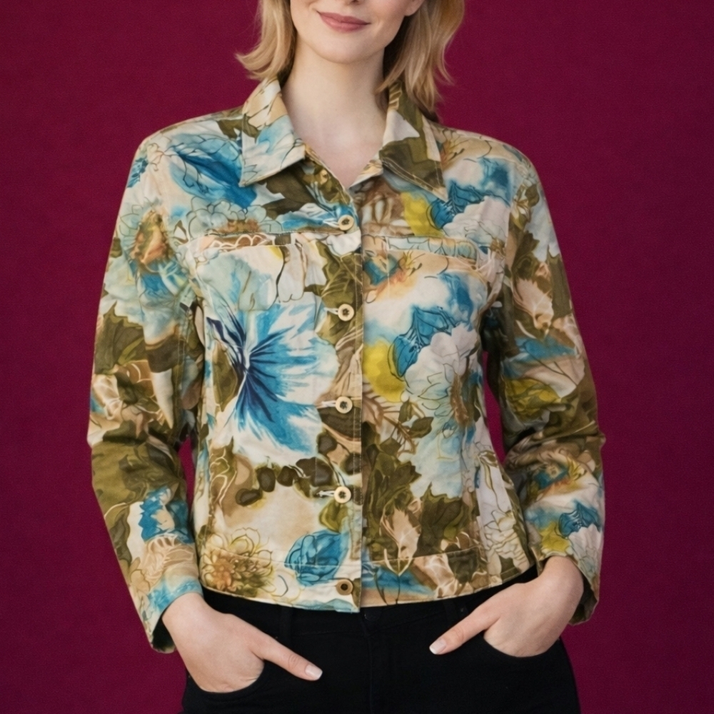 Caribbean JOE Hawaiian Tropical Floral Lightweight Festival Tiki Jacket Medium